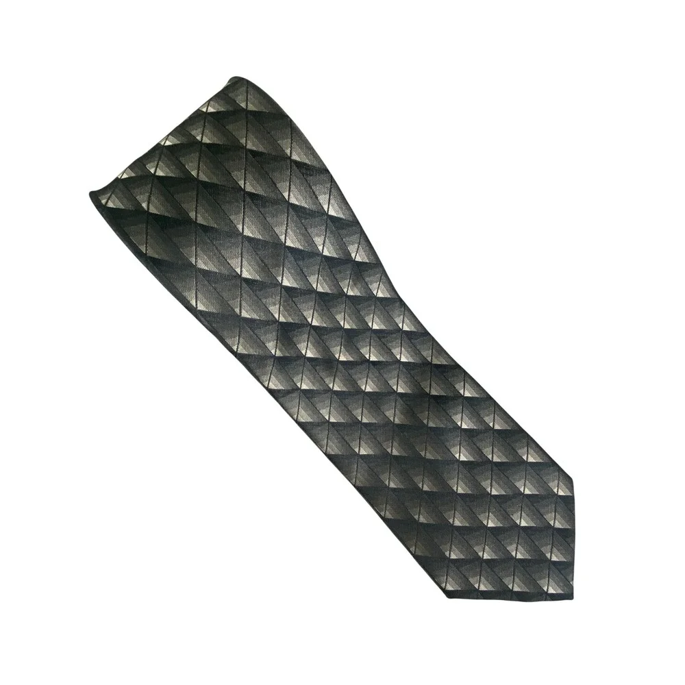 VTG Croft & Barrow Mens Silk Tie Black Gold Bronze Geometric Long Grid 60x4